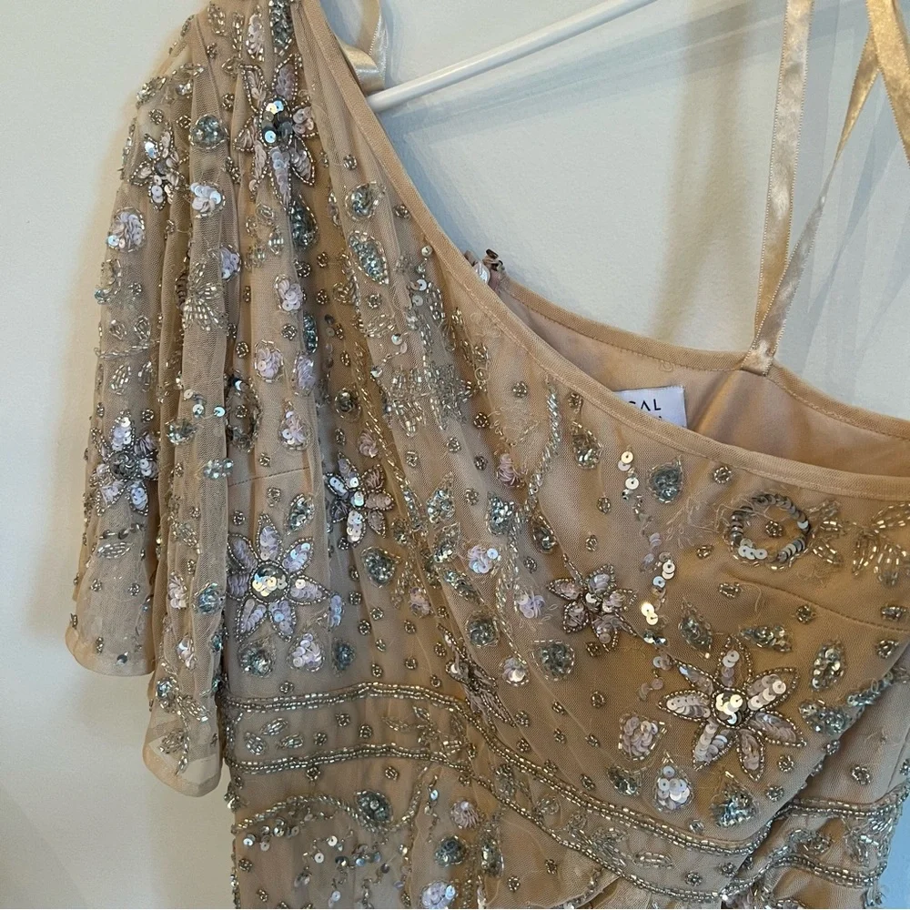 Mac Duggal Embellished One Shoulder Draped Maxi Gown Nude & Silver | Size 8 - Picture 7 of 16